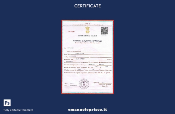 modello di certificato di matrimonio del governo indiano del Gujarat in stile ve